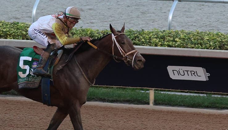HALLANDALE BEACH, FL - JANUARY 24: Skippylongstocking (5) with jockey Tyler Gaffalione takes the lead against White Albarrio (11) with jockey Irad Ortiz, Jr. during the Pegasus World Cup Invitational horse race on January 24, 2026, at Gulfstream Park in Hallandale Beach, Florida People: Skippylongstocking, Tyler Gaffalione . Copyright: xhoo-me.com MediaPunchx