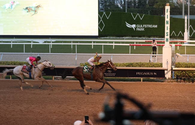 HALLANDALE BEACH, FL - JANUARY 24: Skippylongstocking (5) with jockey Tyler Gaffalione takes the lead against White Albarrio (11) with jockey Irad Ortiz, Jr. during the Pegasus World Cup Invitational horse race on January 24, 2026, at Gulfstream Park in Hallandale Beach, Florida People: Skippylongstocking, Tyler Gaffalione . Copyright: xhoo-me.com MediaPunchx