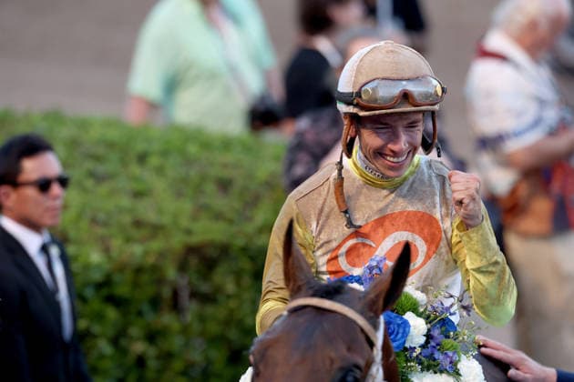 HALLANDALE BEACH, FL - JANUARY 24: Skippylongstocking (5) with jockey Tyler Gaffalione takes the lead against White Albarrio (11) with jockey Irad Ortiz, Jr. during the Pegasus World Cup Invitational horse race on January 24, 2026, at Gulfstream Park in Hallandale Beach, Florida People: Skippylongstocking, Tyler Gaffalione . Copyright: xhoo-me.com MediaPunchx