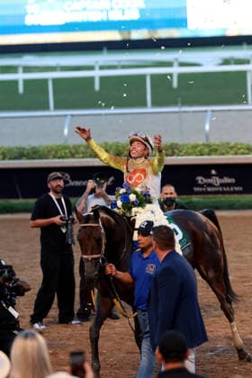 HALLANDALE BEACH, FL - JANUARY 24: Skippylongstocking (5) with jockey Tyler Gaffalione takes the lead against White Albarrio (11) with jockey Irad Ortiz, Jr. during the Pegasus World Cup Invitational horse race on January 24, 2026, at Gulfstream Park in Hallandale Beach, Florida People: Skippylongstocking, Tyler Gaffalione . Copyright: xhoo-me.com MediaPunchx