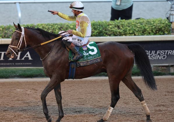 HALLANDALE BEACH, FL - JANUARY 24: Skippylongstocking (5) with jockey Tyler Gaffalione takes the lead against White Albarrio (11) with jockey Irad Ortiz, Jr. during the Pegasus World Cup Invitational horse race on January 24, 2026, at Gulfstream Park in Hallandale Beach, Florida People: Skippylongstocking, Tyler Gaffalione . Copyright: xhoo-me.com MediaPunchx