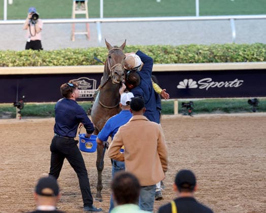 HALLANDALE BEACH, FL - JANUARY 24: Skippylongstocking (5) with jockey Tyler Gaffalione takes the lead against White Albarrio (11) with jockey Irad Ortiz, Jr. during the Pegasus World Cup Invitational horse race on January 24, 2026, at Gulfstream Park in Hallandale Beach, Florida People: Skippylongstocking, Tyler Gaffalione . Copyright: xhoo-me.com MediaPunchx