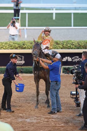 HALLANDALE BEACH, FL - JANUARY 24: Skippylongstocking (5) with jockey Tyler Gaffalione takes the lead against White Albarrio (11) with jockey Irad Ortiz, Jr. during the Pegasus World Cup Invitational horse race on January 24, 2026, at Gulfstream Park in Hallandale Beach, Florida People: Skippylongstocking, Tyler Gaffalione . Copyright: xhoo-me.com MediaPunchx