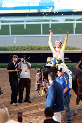 HALLANDALE BEACH, FL - JANUARY 24: Skippylongstocking (5) with jockey Tyler Gaffalione takes the lead against White Albarrio (11) with jockey Irad Ortiz, Jr. during the Pegasus World Cup Invitational horse race on January 24, 2026, at Gulfstream Park in Hallandale Beach, Florida People: Skippylongstocking, Tyler Gaffalione . Copyright: xhoo-me.com MediaPunchx
