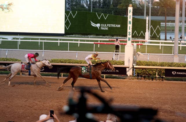 HALLANDALE BEACH, FL - JANUARY 24: Skippylongstocking (5) with jockey Tyler Gaffalione takes the lead against White Albarrio (11) with jockey Irad Ortiz, Jr. during the Pegasus World Cup Invitational horse race on January 24, 2026, at Gulfstream Park in Hallandale Beach, Florida People: Skippylongstocking, Tyler Gaffalione . Copyright: xhoo-me.com MediaPunchx