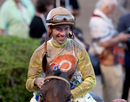HALLANDALE BEACH, FL - JANUARY 24: Skippylongstocking (5) with jockey Tyler Gaffalione takes the lead against White Albarrio (11) with jockey Irad Ortiz, Jr. during the Pegasus World Cup Invitational horse race on January 24, 2026, at Gulfstream Park in Hallandale Beach, Florida People: Skippylongstocking, Tyler Gaffalione . Copyright: xhoo-me.com MediaPunchx