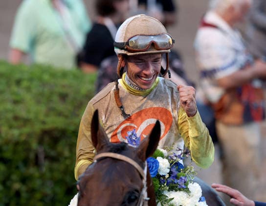 HALLANDALE BEACH, FL - JANUARY 24: Skippylongstocking (5) with jockey Tyler Gaffalione takes the lead against White Albarrio (11) with jockey Irad Ortiz, Jr. during the Pegasus World Cup Invitational horse race on January 24, 2026, at Gulfstream Park in Hallandale Beach, Florida People: Skippylongstocking, Tyler Gaffalione . Copyright: xhoo-me.com MediaPunchx