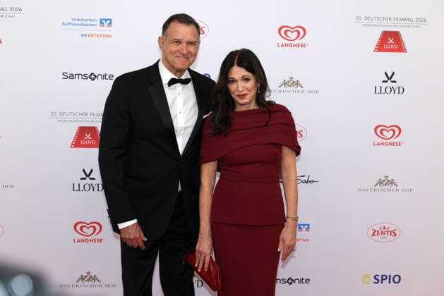 German Film Ball 2026 Iris Berben German actress and voice actress with partner Heiko Kiesow on the red carpet 50 German Film Ball 2026 on 24 01 2026 at Hotel Bayerischer Hof in Munich Bavaria, Germany