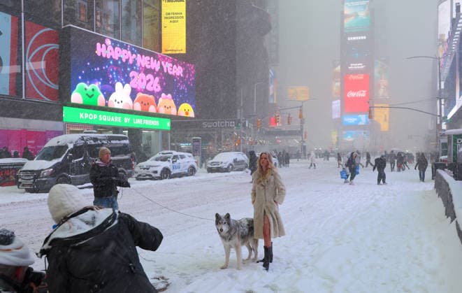 Holly Graves Photoshoot With A Wolf In Times Square - NYC U.S model Holly Graves is doing a photoshoot with a wolf on the middle of Times Square during a winter snow storm in New York, NY on January 25, 2026. Photo by Dylan Travis ABACAPRESS.COM New York City NY United States  Copyright: xDylanxTravis ABACAx