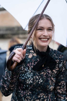 Patou - Outside Arrivals - Paris Fashion Week - Menswear Fall Winter 2026-2027 Camille Razat wears colored floral tapestry jacket with a black velvet bow detail, a black mini skirt, outside Patou Menswear Fall Winter 2026-2027 show as part of Paris Fashion Week on January 25, 2026 in Paris, France., Credit:Lounis Tiar Avalon France, Paris  Copyright: xLounisxTiarx xAvalonx 1069346467