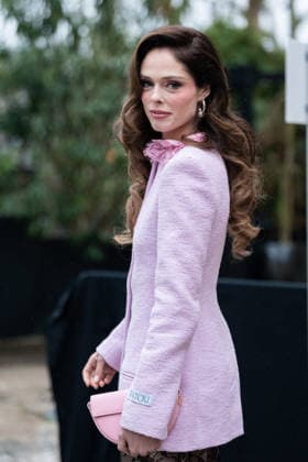 PFW - Patou Arrivals Coco Rocha wears pink Patou blazer dress, pink lace ruffled collar, black lace tights, black heels, pink Patou bag, outside Patou Menswear Fall Winter 2026-2027 show as part of Paris Fashion Week on January 25, 2026 in Paris, France. Photo by LounisPhotography ABACAPRESS.COM Paris France  Copyright: xLounisPhotography ABACAx