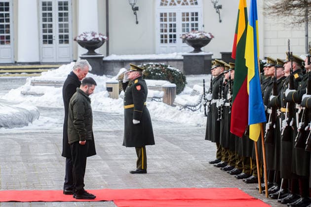 January 25, 2026, Vilnius, Lithuania: Lithuanian President Gitanas Nauseda and Ukrainian President Volodymyr Zelenskyy seen inspecting the honor guard during a welcome ceremony at the Presidential Palace. Polish President Karol Nawrocki, Ukrainian President Volodymyr Zelenskyy, and Lithuanian President Gitanas Nauseda met in Vilnius on Sunday to mark the 163rd anniversary of the January Uprising. The leaders, accompanied by the First Ladies, took part in commemorative events including a solemn Mass at Vilnius Cathedral and wreath-laying ceremonies at the Old Rasai Cemetery, honoring the 1863 1864 uprising against the Russian Empire...Within the Lublin Triangle framework, the presidents also discussed regional security, military cooperati - ZUMAs197 20260125_aaa_s197_523 Copyright: xYauhenxYerchakx