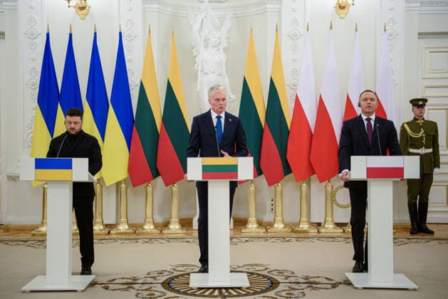 January 25, 2026, Vilnius, Lithuania: Polish President Karol Nawrocki , Ukrainian President Volodymyr Zelenskyy , Lithuanian President Gitanas Nauseda seen during the joint press-conference in the Presidential Palace. Polish President Karol Nawrocki, Ukrainian President Volodymyr Zelenskyy, and Lithuanian President Gitanas Nauseda met in Vilnius on Sunday to mark the 163rd anniversary of the January Uprising. The leaders, accompanied by the First Ladies, took part in commemorative events including a solemn Mass at Vilnius Cathedral and wreath-laying ceremonies at the Old Rasai Cemetery, honoring the 1863 1864 uprising against the Russian Empire...Within the Lublin Triangle framework, the presidents also discussed regional security, milita - ZUMAs197 20260125_aaa_s197_527 Copyright: xYauhenxYerchakx