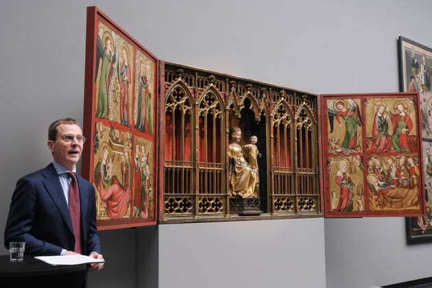 27 01 2026, Frankfurt, DEU Press event at the Staedel Museum The Madonna Enthroned around 1320 1330 from the Altenberg Altarpiece was purchased for the Städel Museum with the support of the Ernst von Siemens Kunststiftung, the Städelscher Museums Verein and the Kultur