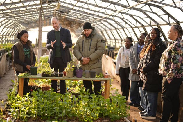 Prince of Wales visits We Move FWD (left to right) Paulette Henry from Black Rootz, the Prince of Wales and Big Zuu with young people from the Humber All Nations Alliance in one of the greenhouses during a visit to BBC Children In Need s We Move FWD programme at the Ubele Initiative in the Wolves Lane Centre, north London. We Move FWD is a 10-year commitment by BBC Children in Need, delivered in collaboration with BBC Radio 1Xtra, to create opportunities for Black children and young people across the UK. Picture date: Wednesday January 28, 2026., Credit:Aaron Chown Avalon UK, London  Copyright: xAaronxChownx xAvalonx 1069987909