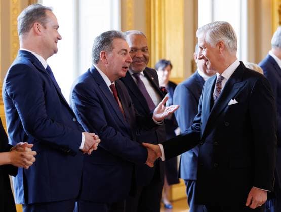 German Community Minister President Oliver Paasch, Brussels region Minister-President Rudi Vervoort, Les Engages Bertin Mampaka-Mankamba and King Philippe - Filip of Belgium pictured prior to a New Year s reception organized by the Royal Family for the Belgian Authorities, at the Royal Palace in Brussels, Wednesday 28 January 2026.  BENOITxDOPPAGNE 159281456