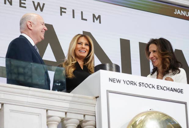 First lady Melania Trump rings the opening bell at the New York Stock Exchange on Wall Street on Wednesday, January 28, 2026 in New York City. The First Lady made the appearance as part of her publicity tour for the film, Melania, which documents her life in the 20 days leading up to President Donald Trump s second inauguration.  NYP202601028108 JOHNxANGELILLO