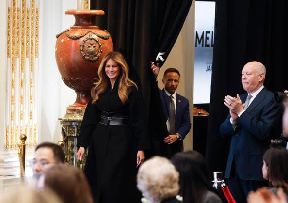 First lady Melania Trump arrives to deliver remarks before ringing the opening bell at the New York Stock Exchange on Wall Street on Wednesday, January 28, 2026 in New York City. The First Lady made the appearance as part of her publicity tour for the film, Melania, which documents her life in the 20 days leading up to President Donald Trump s second inauguration.  NYP202601028125 JOHNxANGELILLO