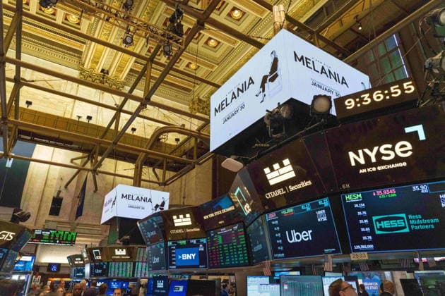 January 28, 2026, New York, New York, USA: Advertisements for First Lady MELANIA TRUMPÃ¢â‚¬â ¢s upcoming movie hang above the trading floor screens at the New York Stock Exchange. New York USA - ZUMAngs 20260128_znp_s365_017 Copyright: xJoeyxSussmanx