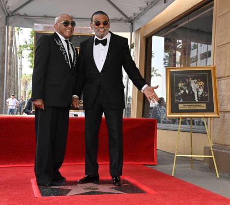 Singer-songwriters Ernie Isley (L) and Ronald Isley of the US band The Isley Brothers stand on their star during an unveiling ceremony honoring the band with the 2,834th star on the Hollywood Walk of Fame in Los Angeles on Wednesday, January 28, 2026.  LAP2026012804 JIMxRUYMEN