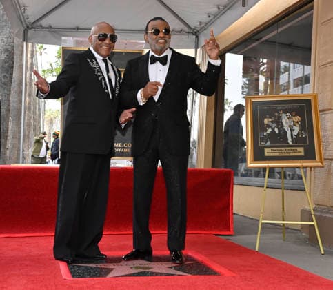 Singer-songwriters Ernie Isley (L) and Ronald Isley of the US band The Isley Brothers stand on their star during an unveiling ceremony honoring the band with the 2,834th star on the Hollywood Walk of Fame in Los Angeles on Wednesday, January 28, 2026.  LAP2026012805 JIMxRUYMEN