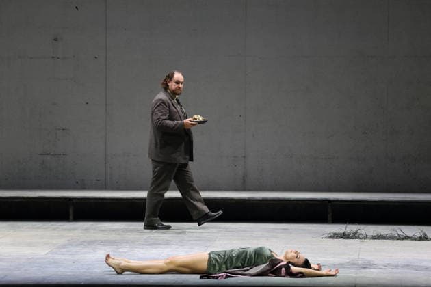 Dmitry Ulyanov as Boris Timofeyevich Ismailov and Ambur Braid as Katerina Lvovna Ismailova during the photo rehearsal for Lady Macbeth of Mtsensk at the Komische Oper im Schillertheater in Berlin, January 28, 2026 Opera in four acts by Dmitri Shostakovich Musical direction James Gaff