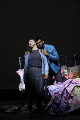 Ambur Braid as Katerina Lvovna Ismailova and Sean Panikkar as Sergei during the photo rehearsal for Lady Macbeth of Mtsensk at the Komische Oper im Schillertheater in Berlin, January 28, 2026 Opera in four acts by Dmitri Shostakovich Musical direction James Gaffigan Production Barrie Kosky Stage Rufus Didwi