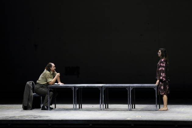 Dmitry Ulyanov as Boris Timofeyevich Ismailov and Ambur Braid as Katerina Lvovna Ismailova during the photo rehearsal for Lady Macbeth of Mtsensk at the Komische Oper im Schillertheater in Berlin, January 28, 2026 Opera in four acts by Dmitri Shostakovich Musical direction James Gaff