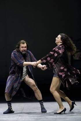 Dimitry Ivashchenko as Pope and Ambur Braid as Katerina Lvovna Ismailova during the photo rehearsal for Lady Macbeth of Mtsensk at the Komische Oper im Schillertheater in Berlin, January 28, 2026 Opera in four acts by Dmitri Shostakovich Musical direction James Gaffigan Production Barrie Kosky Stage Ruf