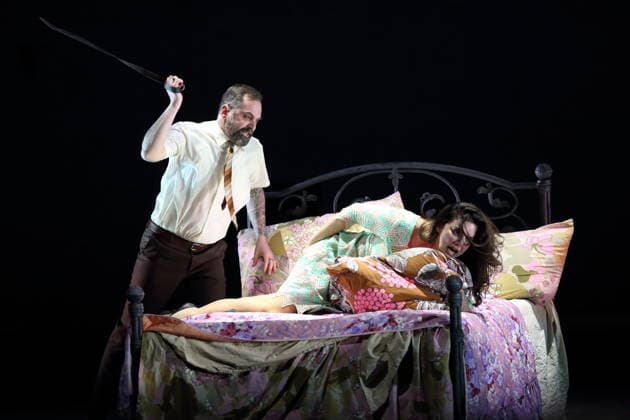Elmar Gilbertsson as Zinovi Borisovich Ismailov and Ambur Braid as Katerina Lvovna Ismailova during the photo rehearsal for Lady Macbeth of Mtsensk at the Komische Oper im Schillertheater in Berlin, January 28, 2026 Opera in four acts by Dmitri Shostakovich Musical direction James