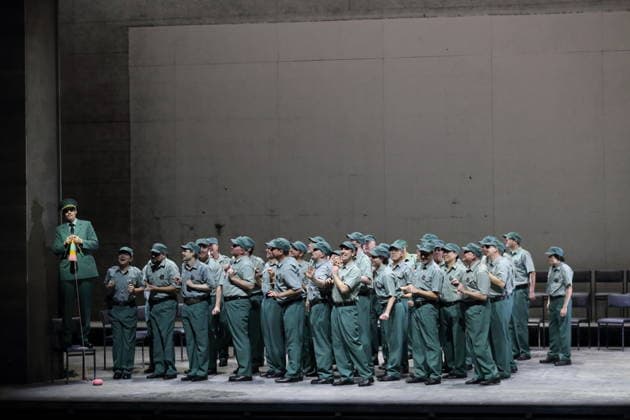 Marcell Bakonyi left as police chief and ensemble during the photo rehearsal for Lady Macbeth of Mtsensk at the Komische Oper im Schillertheater in Berlin, January 28, 2026 Opera in four acts by Dmitri Shostakovich Musical direction James Gaffigan Production Barrie Kosky Stage Rufus Didwiszus Costumes Victoria Behr Premiere is o