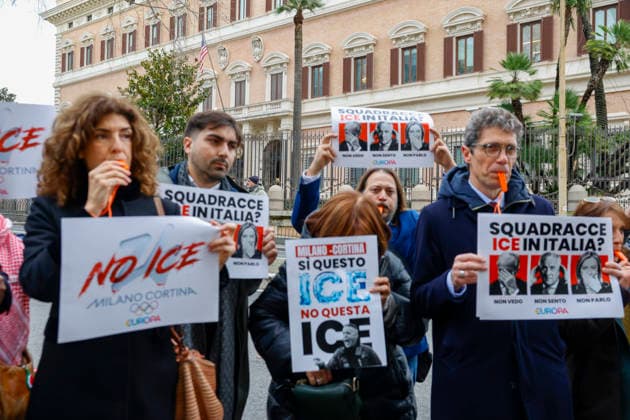 January 29, 2026, Rome, Rome, Italy: 29 01 2026 Rome, Sit-in protest against the presence of the American ICE police at the Milan Cortina 2026 Olympics, in the photo Riccardo Magi holds a sign with an image of Giorgia Meloni, Antonio Tajani, Matteo Piantedosi. Rome Italy  - ZUMAa289 20260129_zia_a289_150 Copyright: xCristianoxMinichiellox