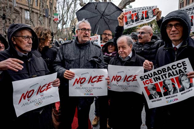 Demonstration protest against the American ICE police ROME, ITALY - JANUARY 29: Demonstration protest of the +Europa party with Bobo Craxi (L2) and Riccardo Magi (R4), against the American ICE police will be operating in Italy during the Milan-Cortina Winter Olympics, in front of the US embassy on January 29, 2026 in Rome, Italy. (Photo by Stefano of Montesi) Rome Italy Copyright: xStefanoxMontesix
