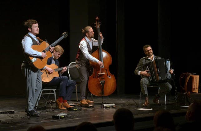 Concert of the Schneeberger and Bakanic Quartet, with Bella Via, at the cultural center AlFa in Steyrermühl Laakirchen, photographed on 29 1 2026, The picture shows from left to right guitarist Diknu Schneeberger, guitarist Julian Wohlmuth, double bass player Martin Heinzle, accordion player Christian Bakanic 20