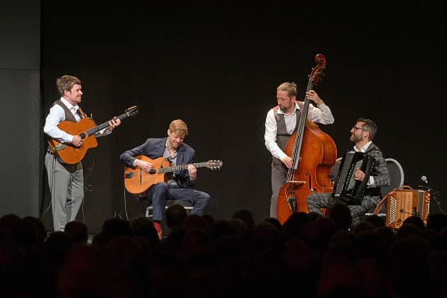 Concert of the Schneeberger and Bakanic Quartet, with Bella Via, at the cultural center AlFa in Steyrermühl Laakirchen, photographed on 29 1 2026, The picture shows from left to right guitarist Diknu Schneeberger, guitarist Julian Wohlmuth, double bass player Martin Heinzle, accordion player Christian Bakanic 20