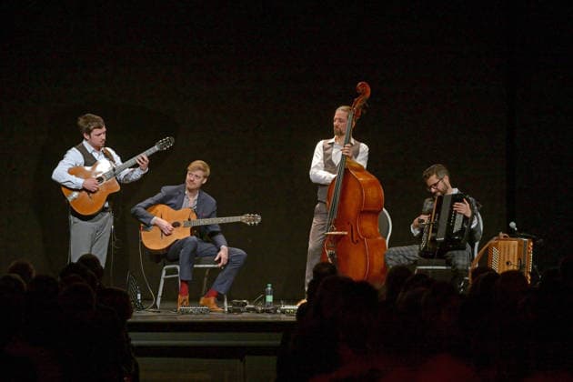 Concert of the Schneeberger and Bakanic Quartet, with Bella Via, at the cultural center AlFa in Steyrermühl Laakirchen, photographed on 29 1 2026, The picture shows from left to right guitarist Diknu Schneeberger, guitarist Julian Wohlmuth, double bass player Martin Heinzle, accordion player Christian Bakanic 20