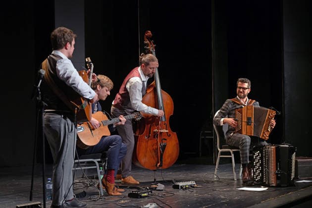 Concert of the Schneeberger and Bakanic Quartet, with Bella Via, at the cultural center AlFa in Steyrermühl Laakirchen, photographed on 29 1 2026, The picture shows from left to right guitarist Diknu Schneeberger, guitarist Julian Wohlmuth, double bass player Martin Heinzle, accordion player Christian Bakanic 20