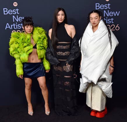 Kpop Demon Hunters Huntr x singers (L-R) Rei Ami, EJAE and Audrey Nuna arrive for Spotify s 2026 Best New Artist Party at The Lot at Formosa in West Hollywood, California on Thursday, January 29, 2026.  LAP20260129728 CHRISxCHEW