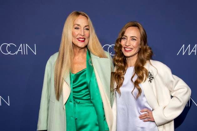 Jerry Hall and Elizabeth Jagger as guests on the red carpet at the Marc Cain Fashion Show Echo of now at Funkhaus Berlin on 30 01 2028 Berlin Germany