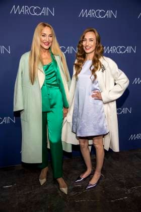 Jerry Hall and Elizabeth Jagger as guests on the red carpet at the Marc Cain Fashion Show Echo of now at Funkhaus Berlin on 30 01 2028 Berlin Germany