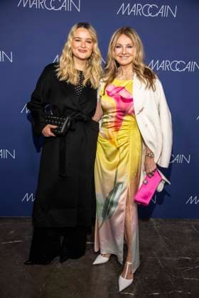 Nele Ludowig Roeffen and Frauke Ludowig mother and daughter as guests on the red carpet at the Marc Cain Fashion Show Echo of now at Funkhaus Berlin on 30 01 2028 Berlin Germany