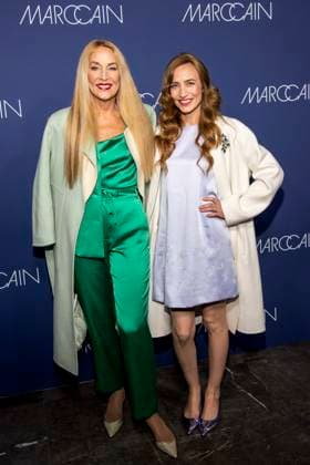 Jerry Hall and Elizabeth Jagger as guests on the red carpet at the Marc Cain Fashion Show Echo of now at Funkhaus Berlin on 30 01 2028 Berlin Germany