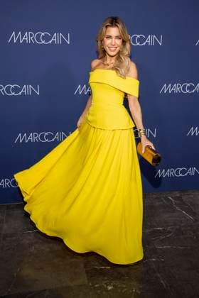 Sylvie Meis yellow dress as a guest on the red carpet at the Marc Cain Fashion Show Echo of now at Funkhaus Berlin on 30 01 2028 Berlin Germany