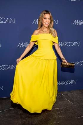 Sylvie Meis yellow dress as a guest on the red carpet at the Marc Cain Fashion Show Echo of now at Funkhaus Berlin on 30 01 2028 Berlin Germany