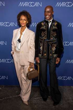 Dennenesch Zoude and Bruce Darnell as guests on the red carpet at the Marc Cain Fashion Show Echo of now at Funkhaus Berlin on 30 01 2028 Berlin Germany