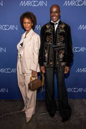 Dennenesch Zoude and Bruce Darnell as guests on the red carpet at the Marc Cain Fashion Show Echo of now at Funkhaus Berlin on 30 01 2028 Berlin Germany