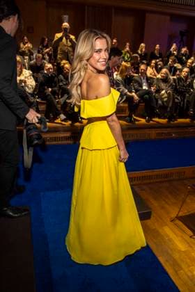 Sylvie Meis yellow dress as a guest at the Marc Cain Fashion Show Echo of now at Funkhaus Berlin on 30 01 2028 Berlin Germany
