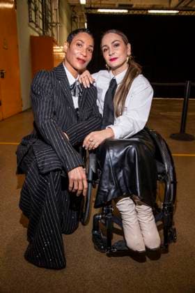 Annabelle Mandeng and Kristina Vogel in a wheelchair as guests of Killian Kerner at Berlin Fashion Week Autumn Winter 2026 at NLND Berlin on 30 01 2026 Berlin Germany
