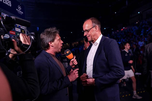 01 02 2026, Handball, Men s EHF EURO 2026, Germany Denmark, Jyske Bank Boxing in Herning, Final The German Chancellor Friedrich Merz Chancellor Politics Politician CDU at the interview with ZDF Denmark