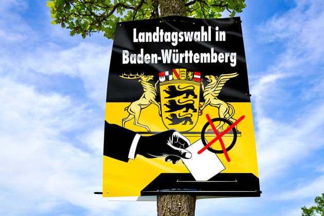 Bavaria, Germany - February 2, 2026: PHOTO MONTAGE, symbolic image of the state election in Baden-Württemberg. The depiction of voting at the ballot box symbolizes democracy, suffrage, and the active participation of the population at the state level. *** FOTOMONTAGE, Symbolbild zur Landtagswahl in Baden-Württemberg. Die Darstellung der Stimmabgabe an der Wahlurne symbolisiert Demokratie, Wahlrecht und die aktive Beteiligung der Bevölkerung auf Landesebene.